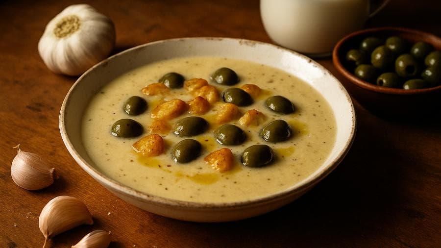 Sopa cremosa de alho e azeitonas com leite