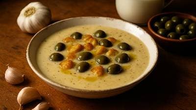 Sopa cremosa de alho e azeitonas com leite