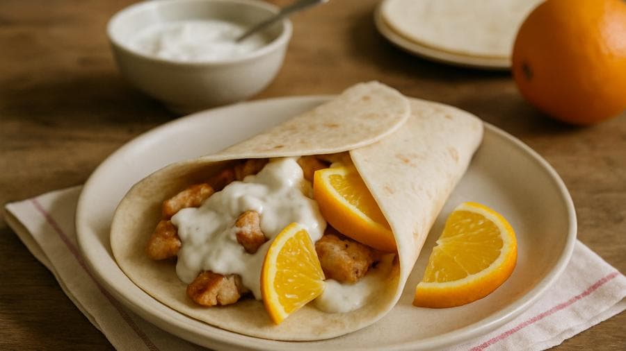 Wrap de Frango com Iogurte e Laranja