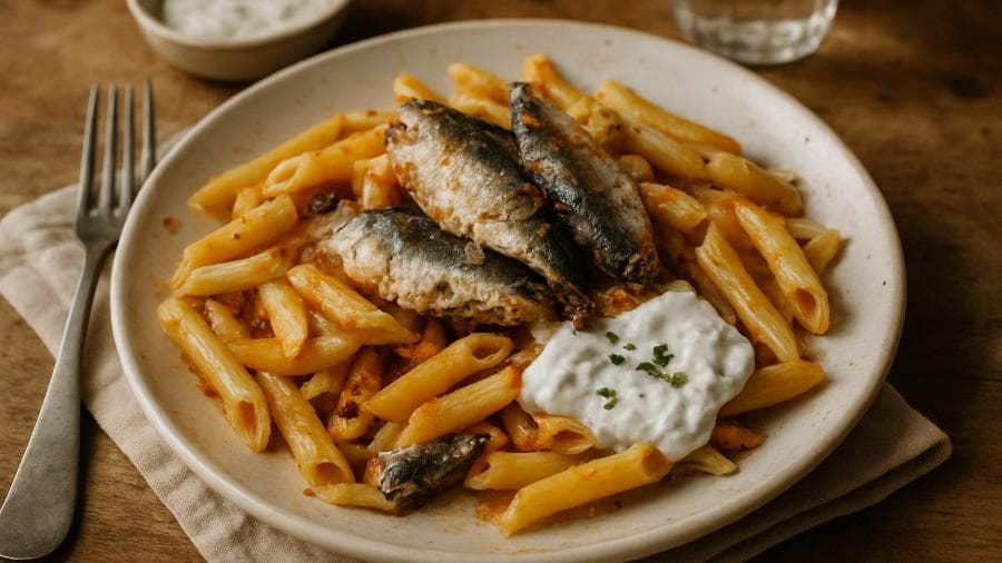 Massa com Sardinhas e Molho de Iogurte