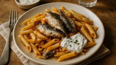 Massa com Sardinhas e Molho de Iogurte
