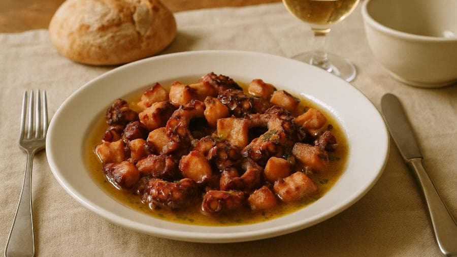 Polvo à Ingleza com Toucinho e Vinho-Branco