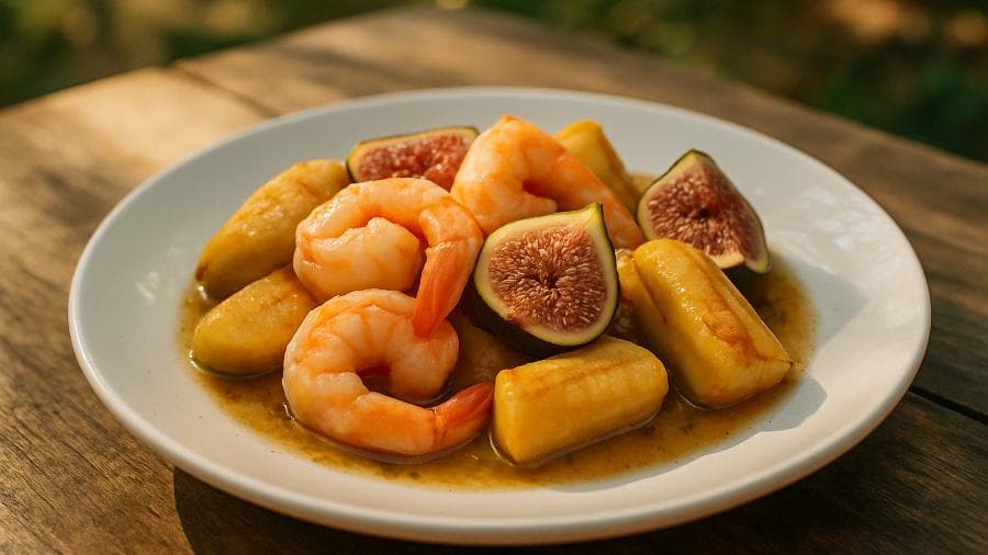 Camarao com Banana e Figo à Berta