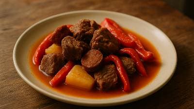 Ensopado de vaca e linguiça com pimento e ananás