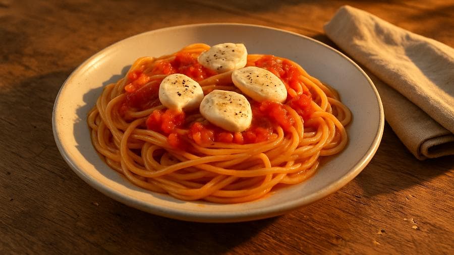 Esparguete con Tomate e Queijo Mozzarella