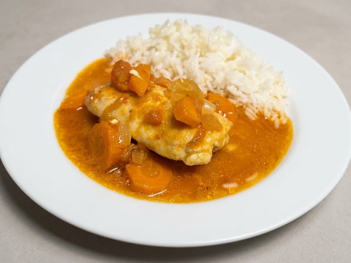 Peixe estufado com tomate, cenoura e pimento