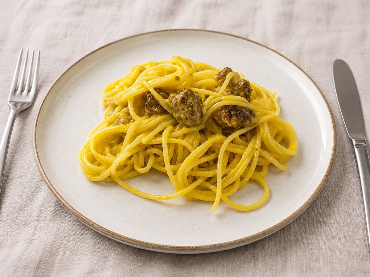 Esparguete Cremoso com Alheira e Queijo Mozarella